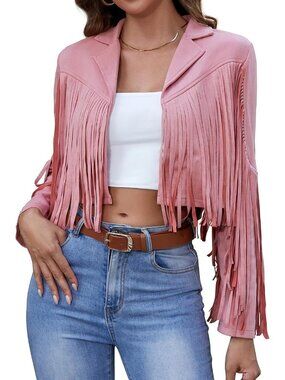 Women's Pink Casual Fringe Tops Tassel Faux Suede Cropped Motorcycle Jacket